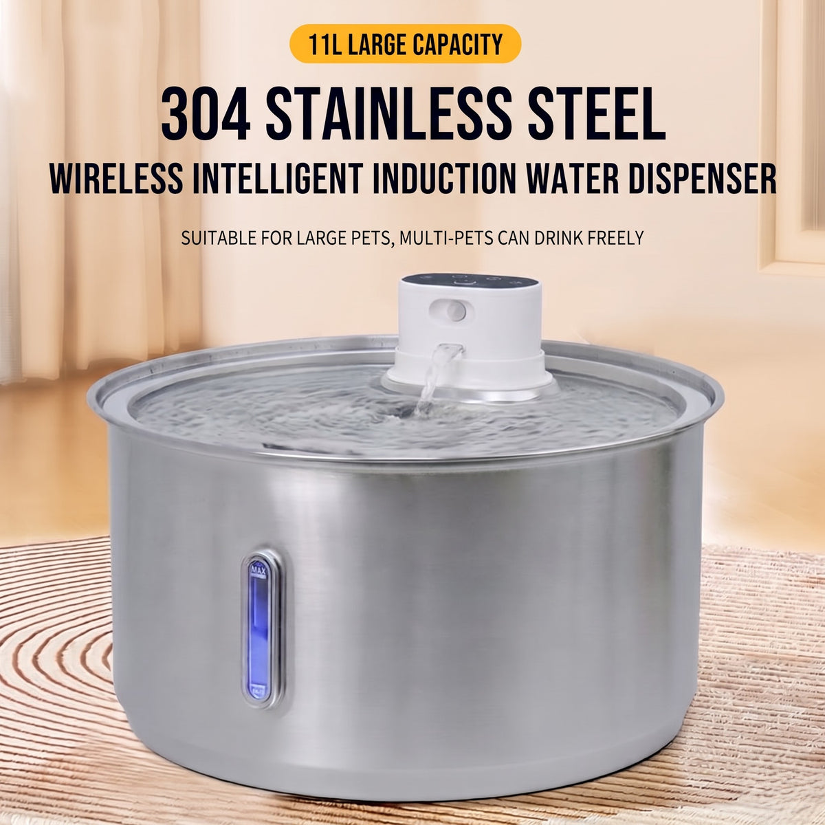 11L/8L/5.5L/4L Wireless Stainless Steel Pet Water Fountain with Motion Sensor