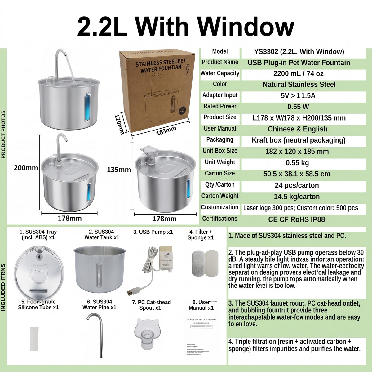 11L/ 8L/ 4L/ 2.2L/ Stainless Steel Pet Water Fountain with Faucet Spout for Large Dogs