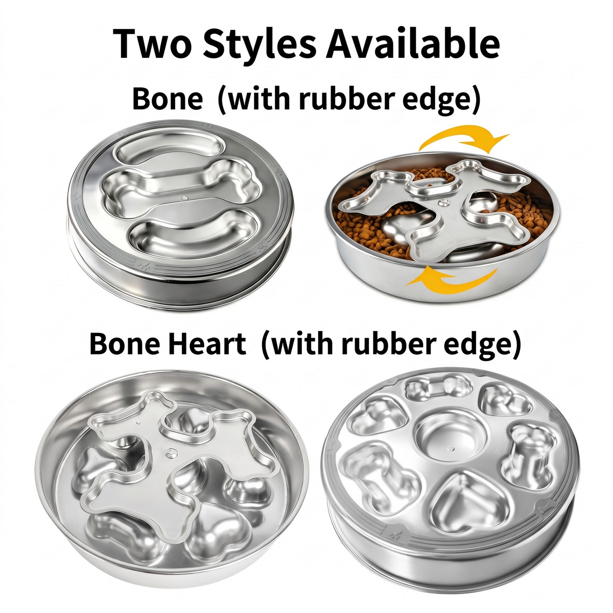 Comedero lento de acero inoxidable de 25 cm para perros con inserto giratorio de hueso y corazón