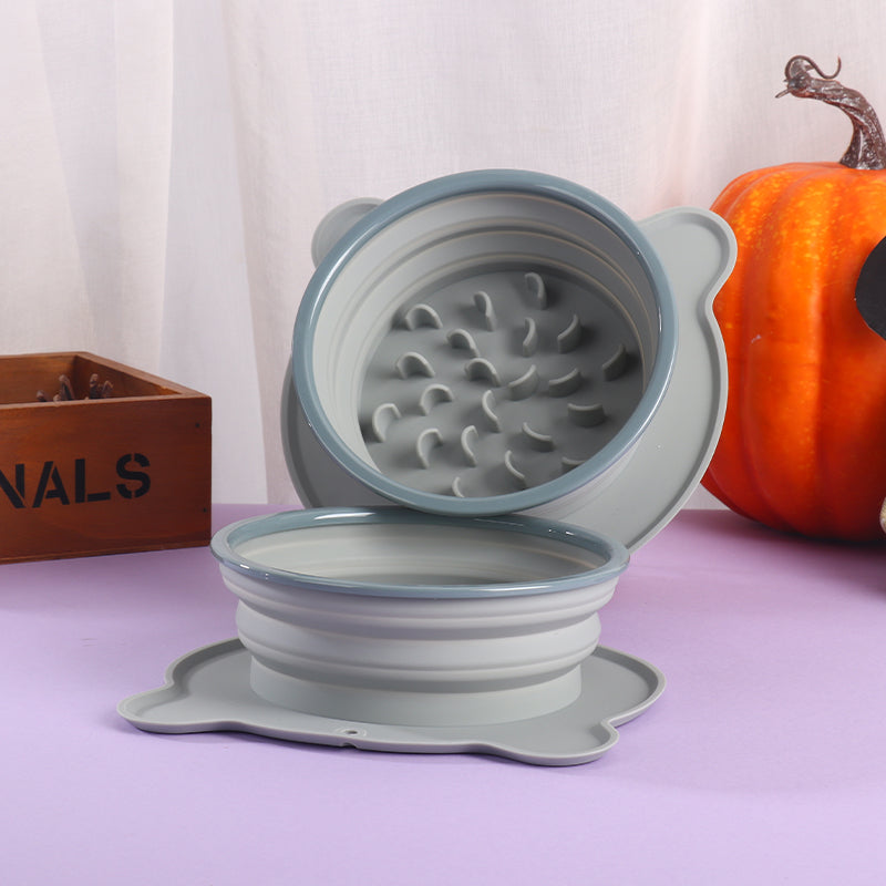 Comedero doble plegable de silicona con sistema de alimentación lenta para gatos y perros
