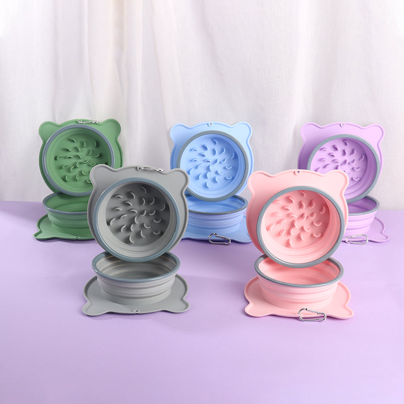 Comedero doble plegable de silicona con sistema de alimentación lenta para gatos y perros