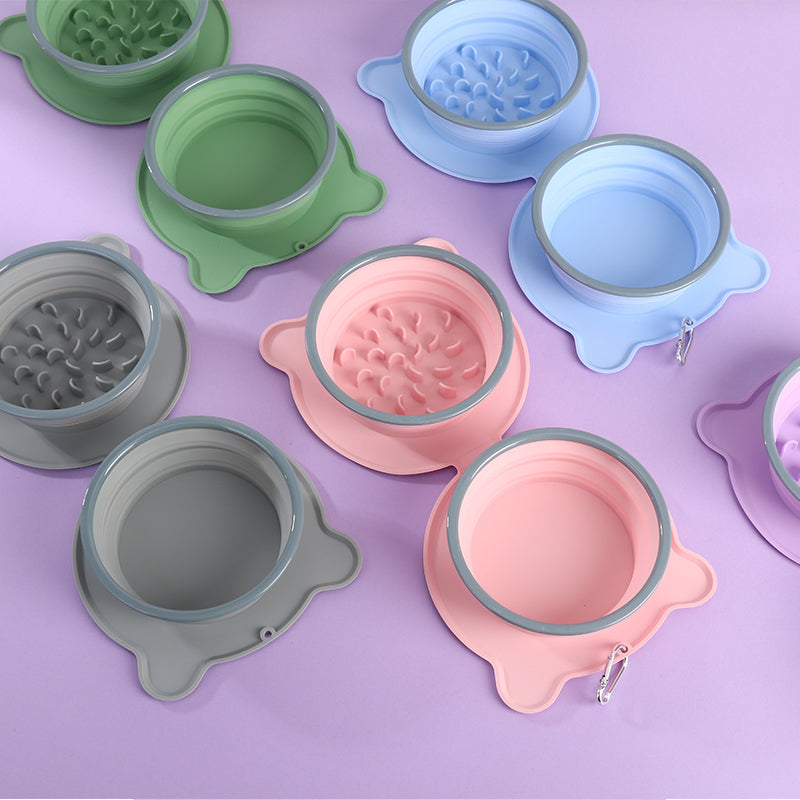 Comedero doble plegable de silicona con sistema de alimentación lenta para gatos y perros