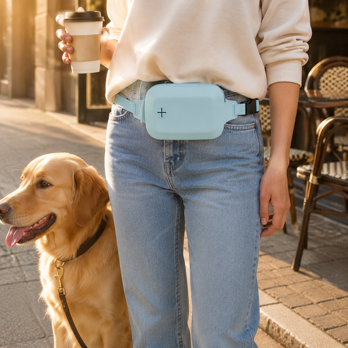 Bolsa portátil de silicona para premios de perros con correa ajustable para la cintura y dispensador de bolsas para excrementos