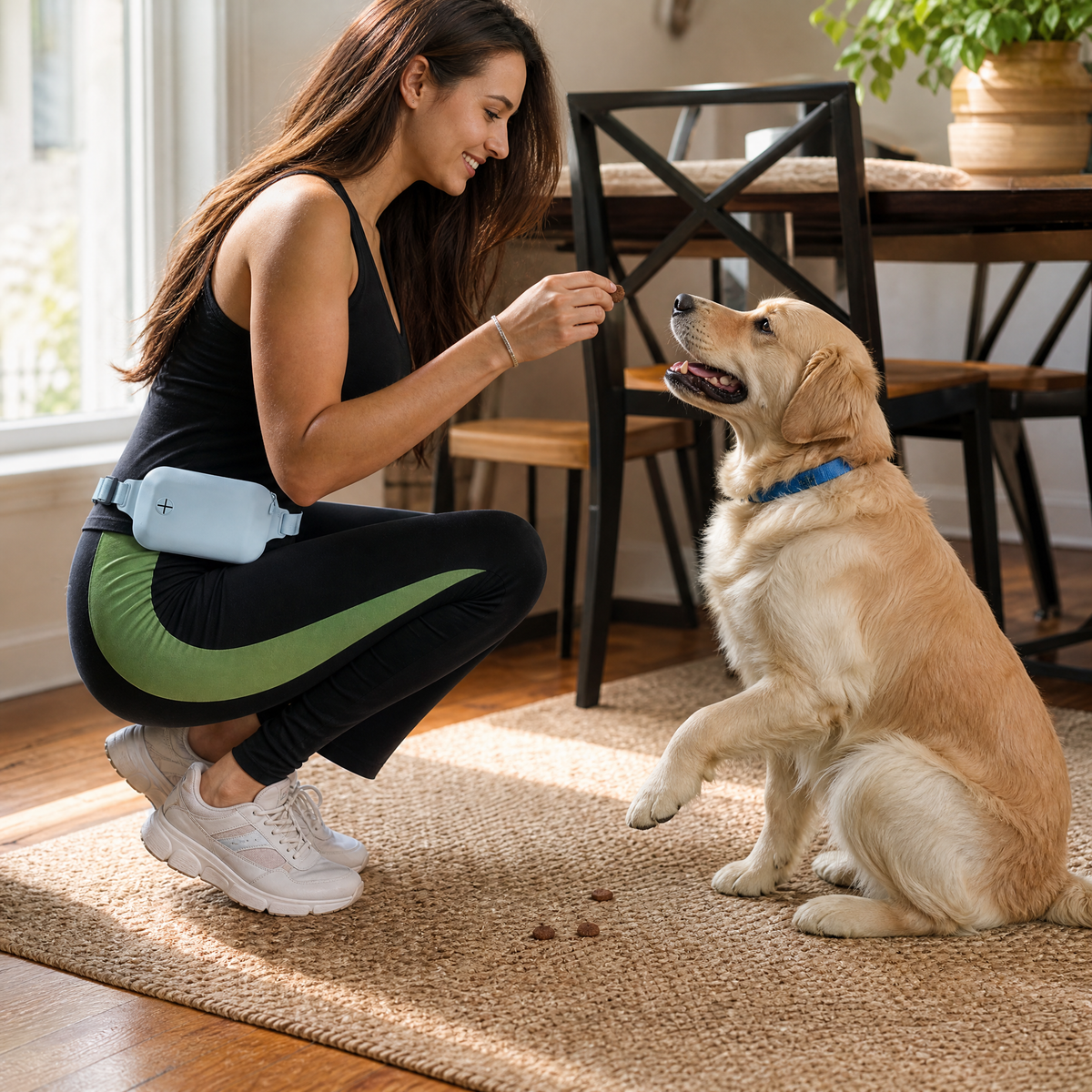 Bolsa portátil de silicona para premios de perros con correa ajustable para la cintura y dispensador de bolsas para excrementos