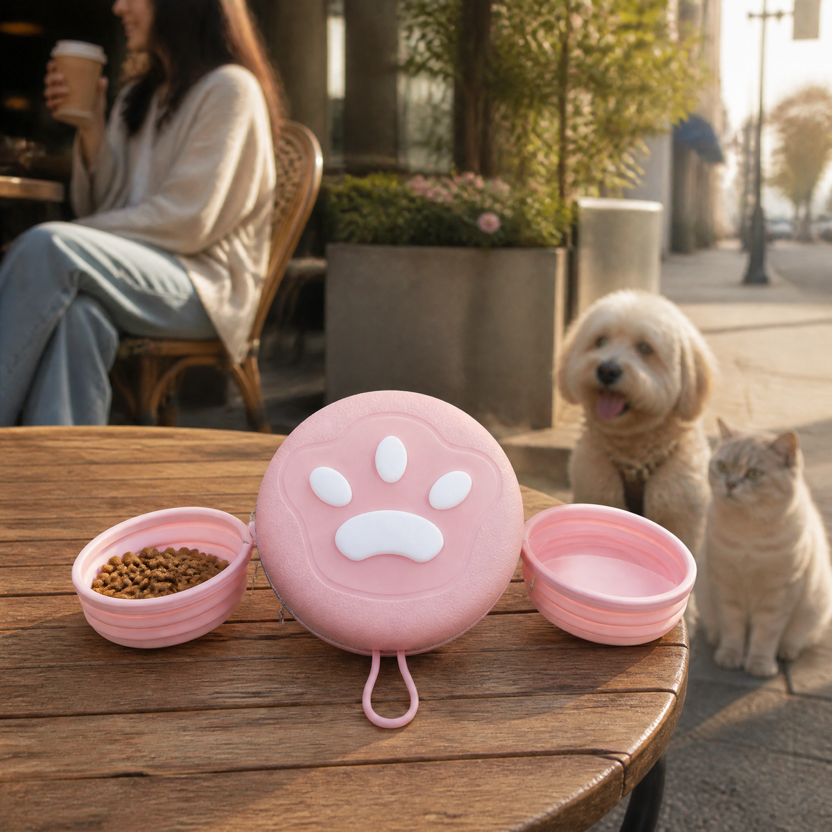 Collapsible Silicone Dog Travel Bowl Set with Zipper Case and Dual Food Bowls