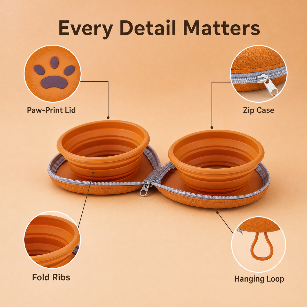 Collapsible Silicone Dog Travel Bowl Set with Zipper Case and Dual Food Bowls