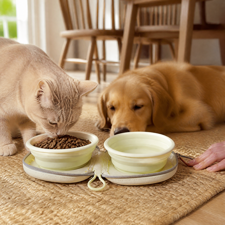Collapsible Silicone Dog Travel Bowl Set with Zipper Case and Dual Food Bowls