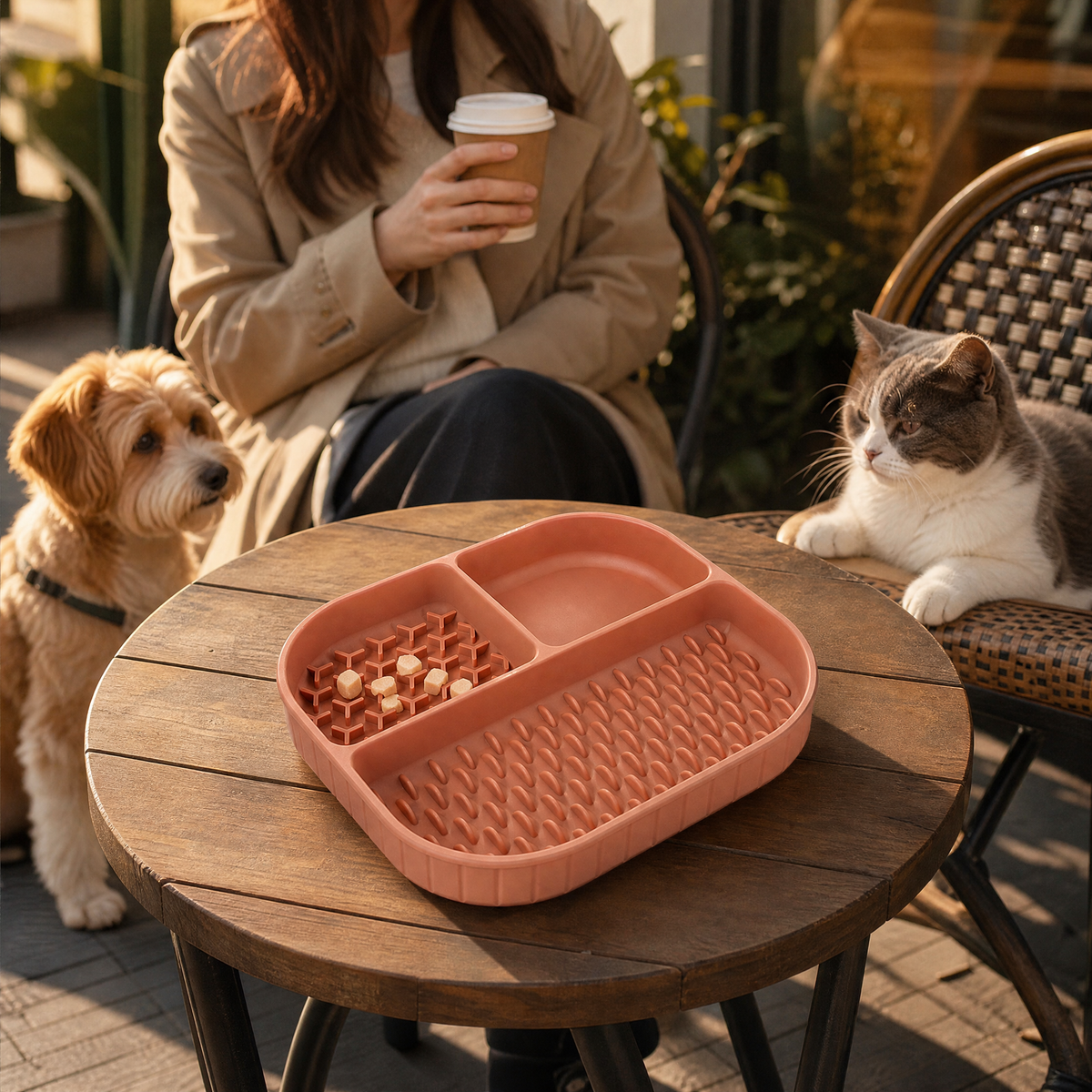 Comedero lento de silicona de 3 compartimentos para perros con base de ventosa