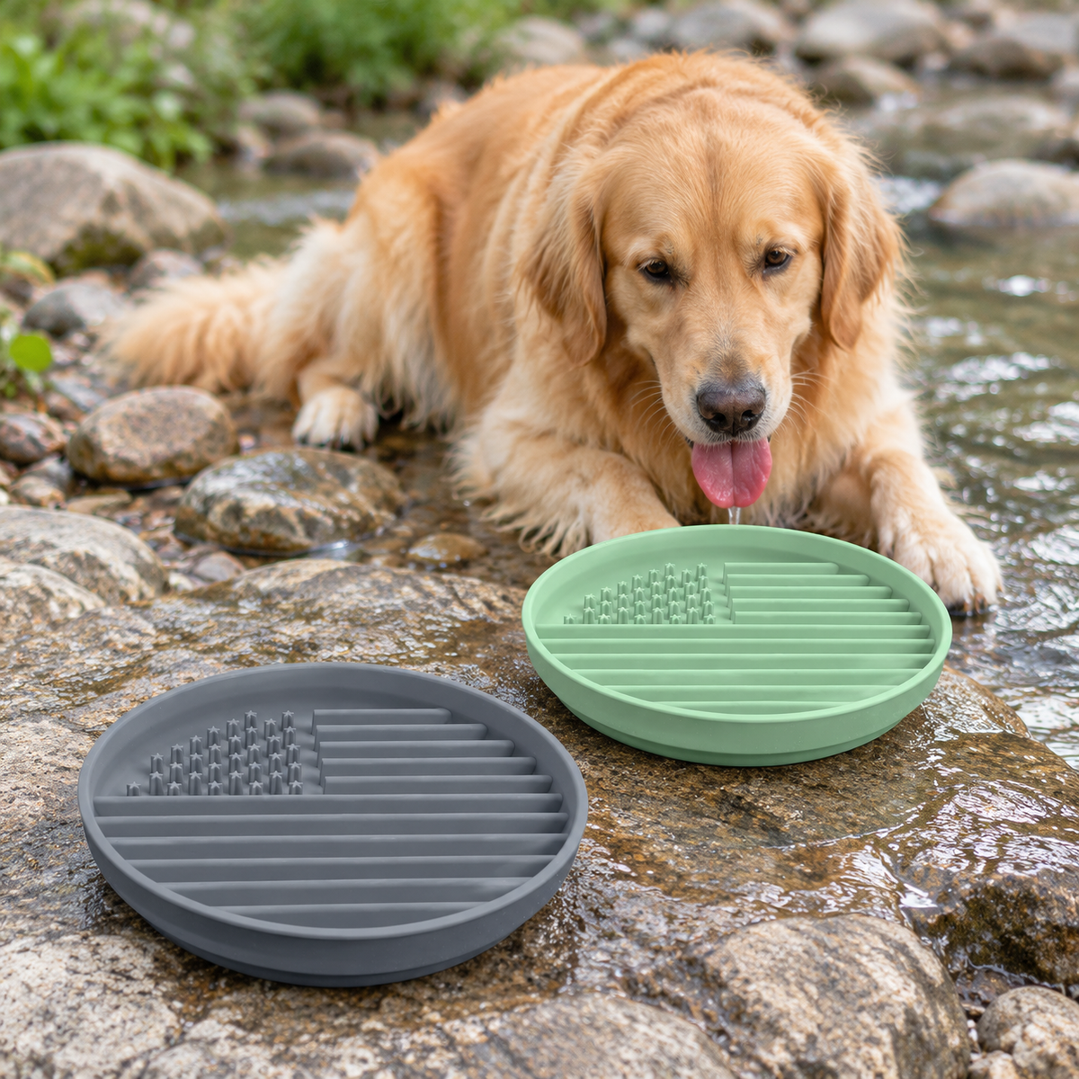 Plato de silicona para perros con alimentación lenta, base de ventosa y diseño de rayas en forma de estrella