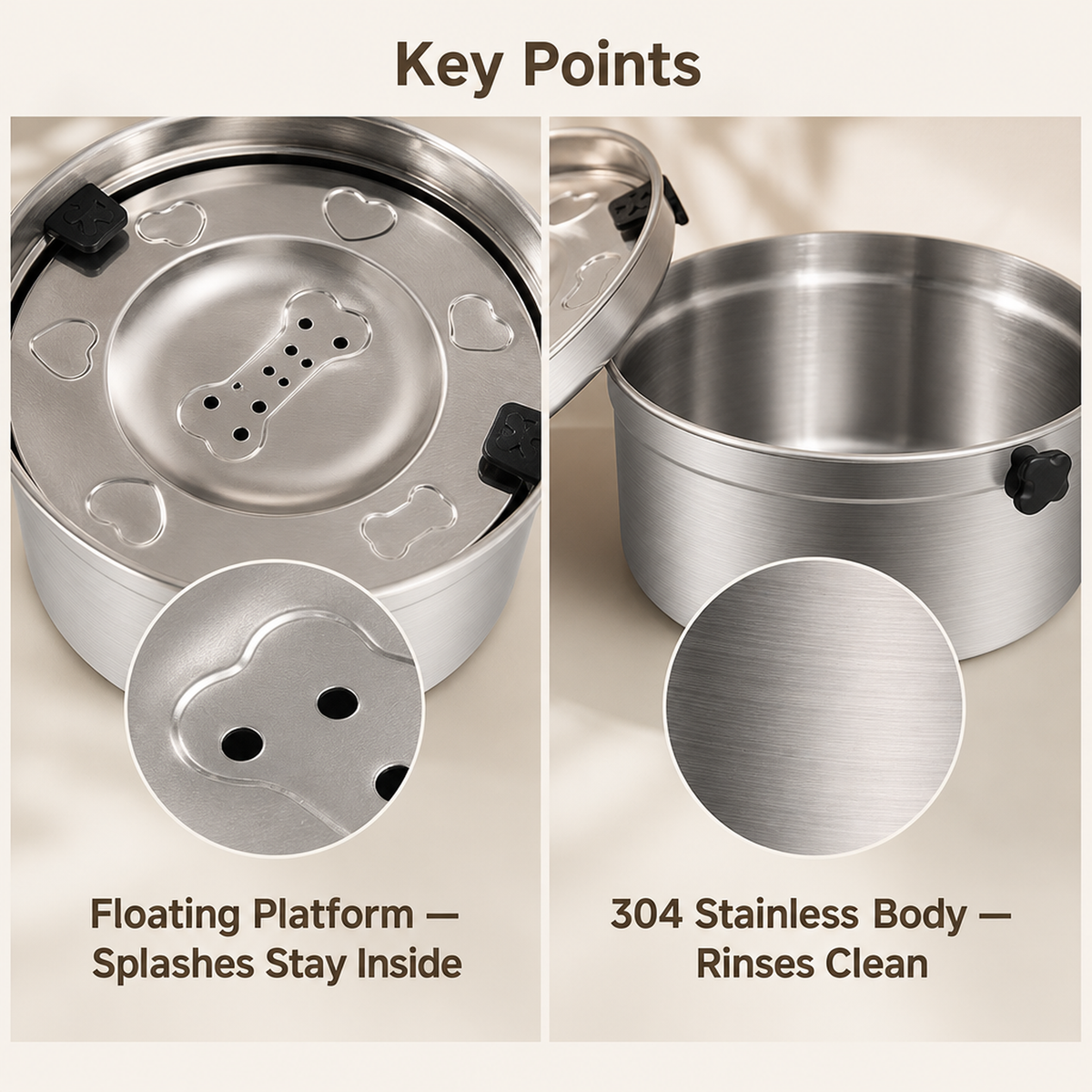 No Spill Dog Water Bowl 3.2L Stainless Steel with Floating Disk and 4 Animal Lids