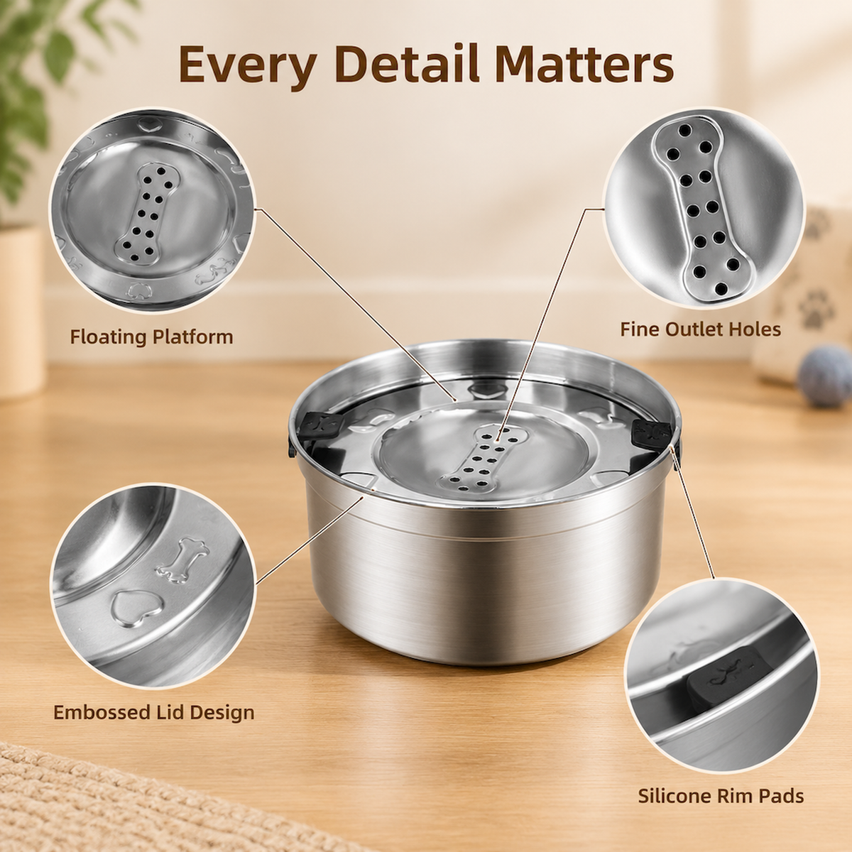 No Spill Dog Water Bowl 3.2L Stainless Steel with Floating Disk and 4 Animal Lids
