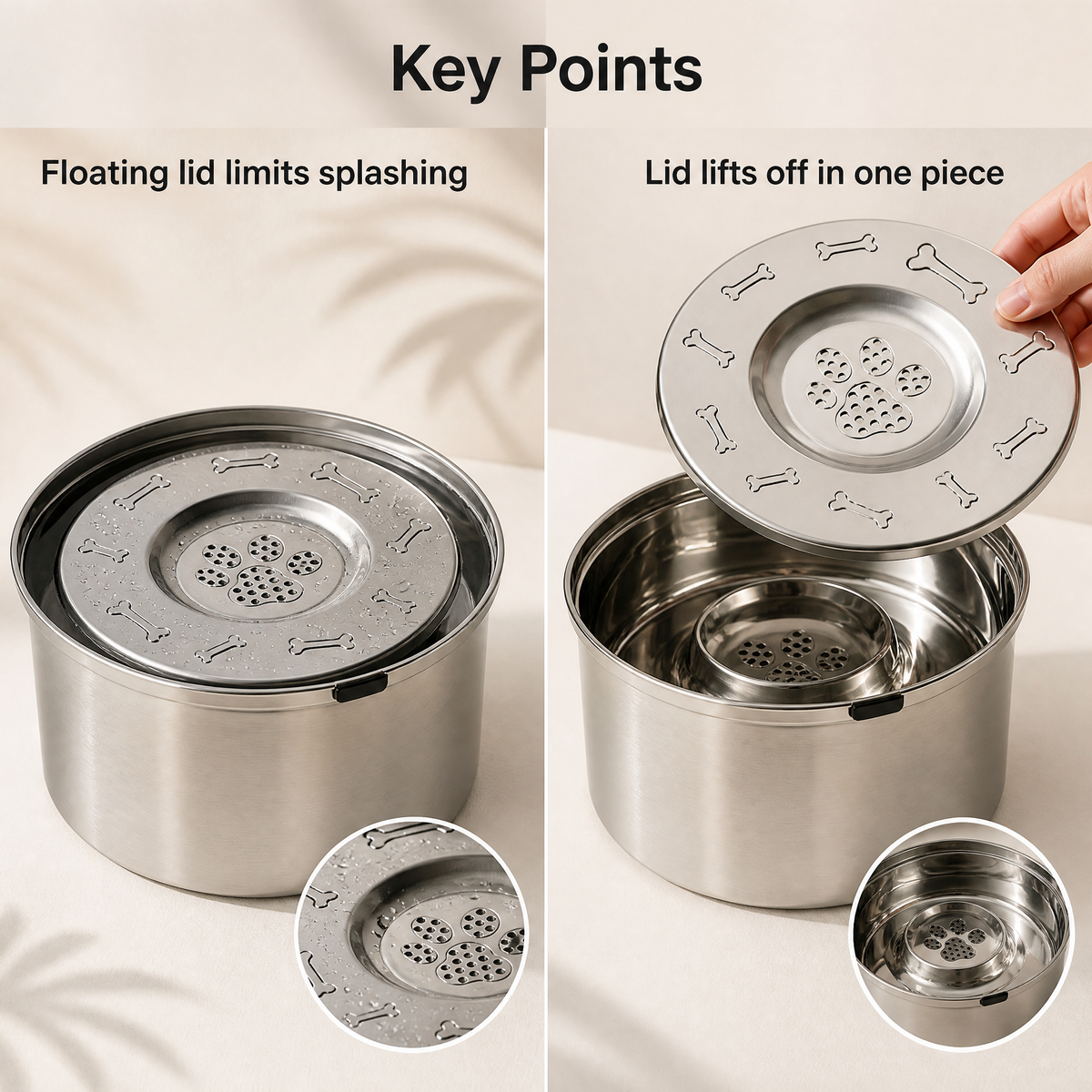 3.3L Stainless Steel Floating Dog Water Bowl with Detachable Anti-Dust Lid