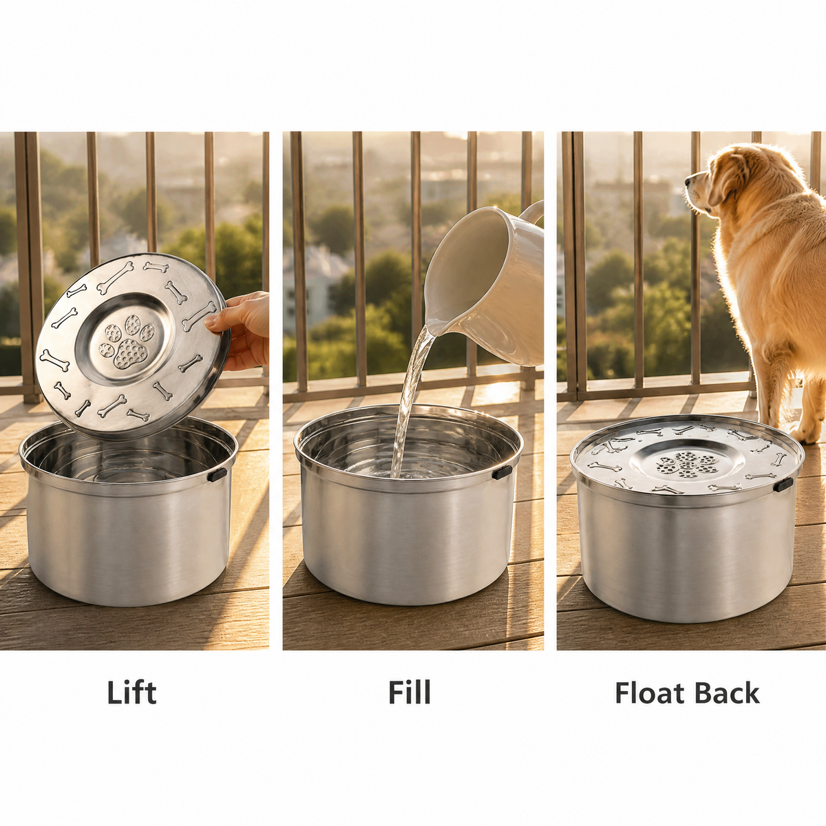 3.3L Stainless Steel Floating Dog Water Bowl with Detachable Anti-Dust Lid