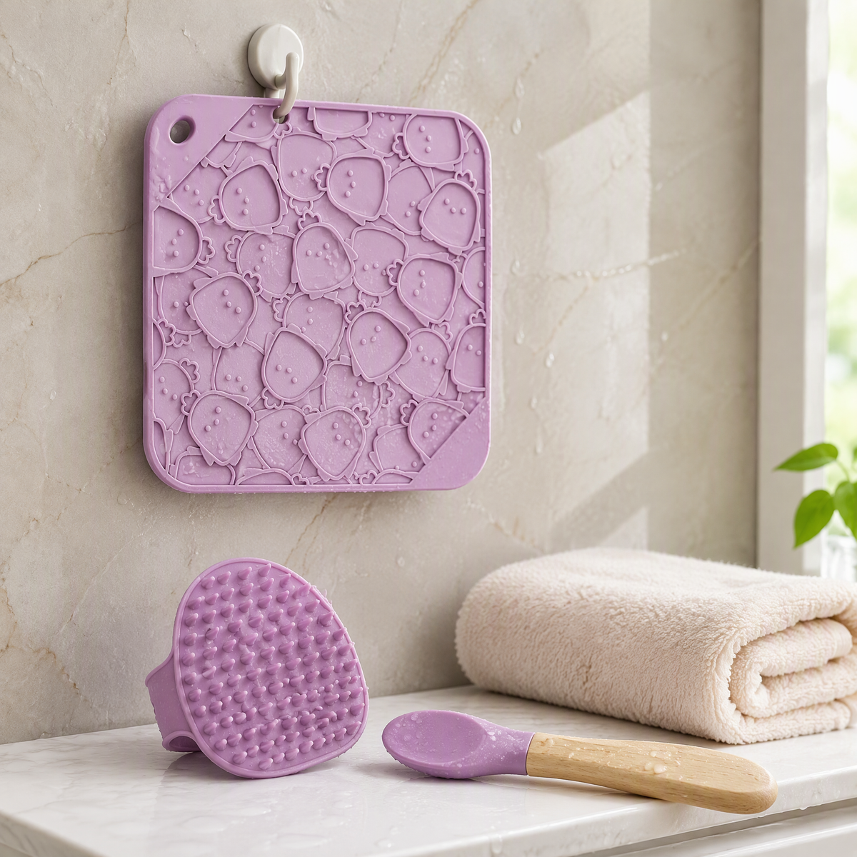 Dog Bath Lick Mat Kit with Suction Cups, Bath Brush and Silicone Spoon