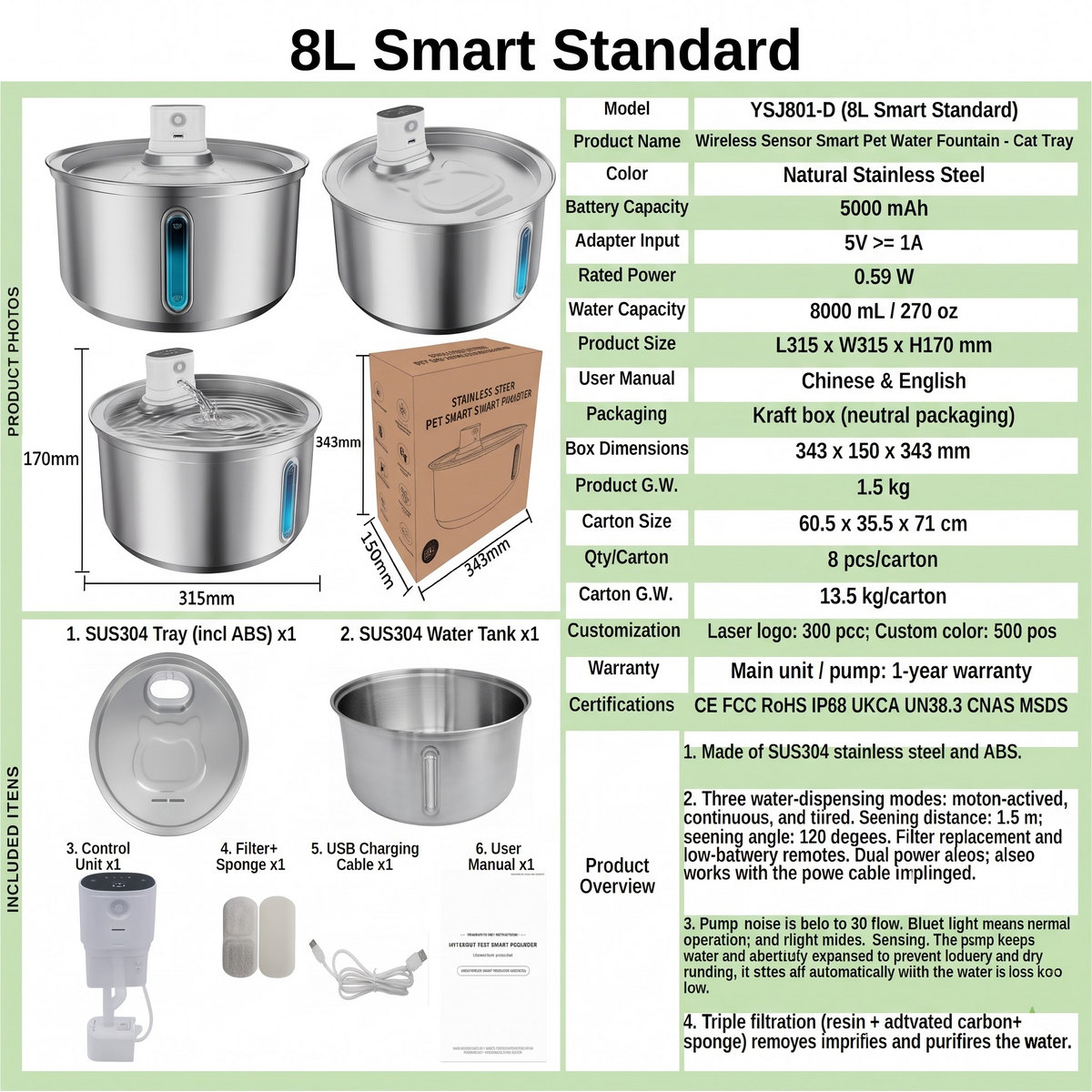 11L/8L/5.5L/4L Wireless Stainless Steel Pet Water Fountain with Motion Sensor