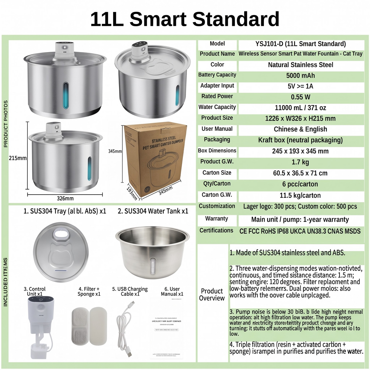 11L/8L/5.5L/4L Wireless Stainless Steel Pet Water Fountain with Motion Sensor