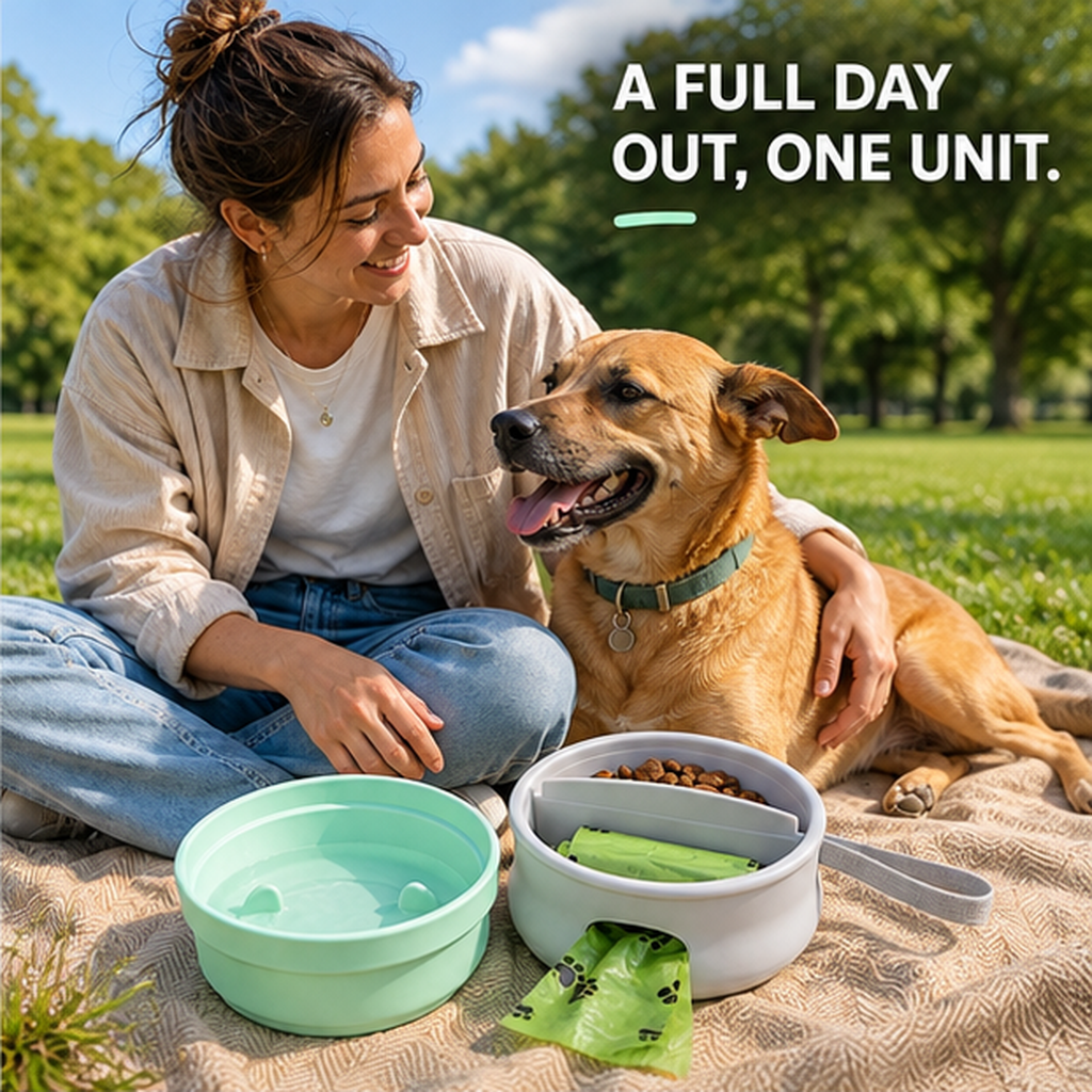 3-in-1 Collapsible Silicone Dog Travel Bowl with Food and Poop Bag Storage
