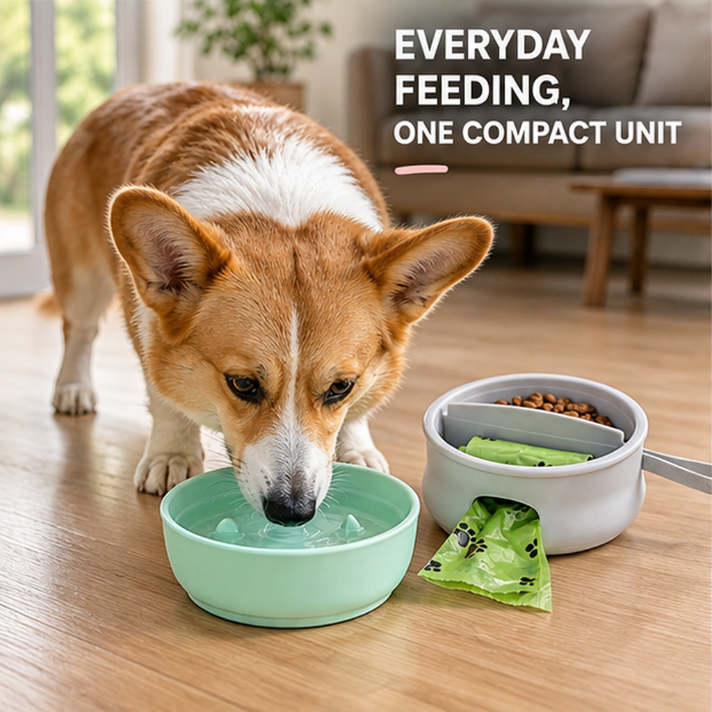 3-in-1 Collapsible Silicone Dog Travel Bowl with Food and Poop Bag Storage