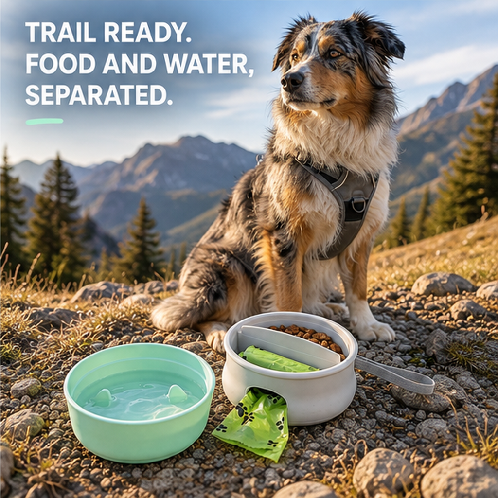 3-in-1 Collapsible Silicone Dog Travel Bowl with Food and Poop Bag Storage