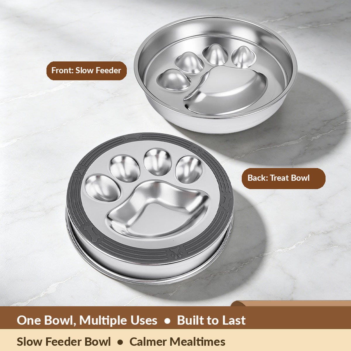 304 Stainless Steel Slow Feeder Dog Bowl 22 cm Round Reversible for Fast Eaters