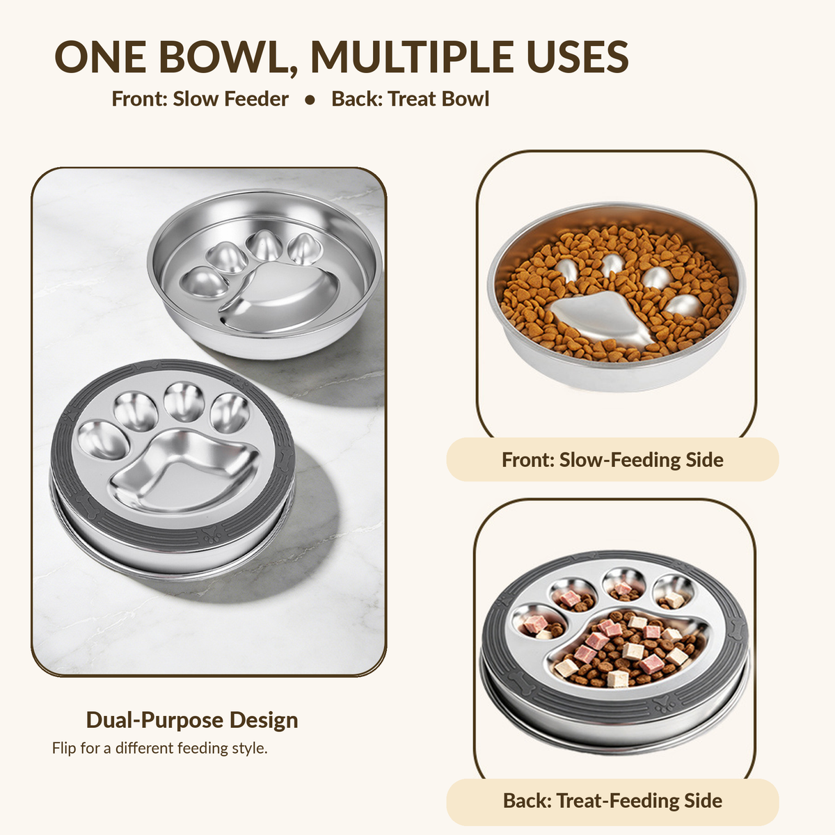 304 Stainless Steel Slow Feeder Dog Bowl 22 cm Round Reversible for Fast Eaters