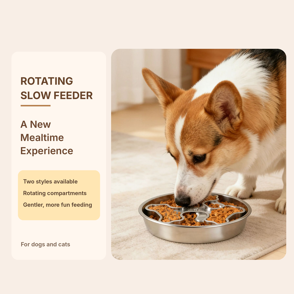 Comedero lento de acero inoxidable de 25 cm para perros con inserto giratorio de hueso y corazón
