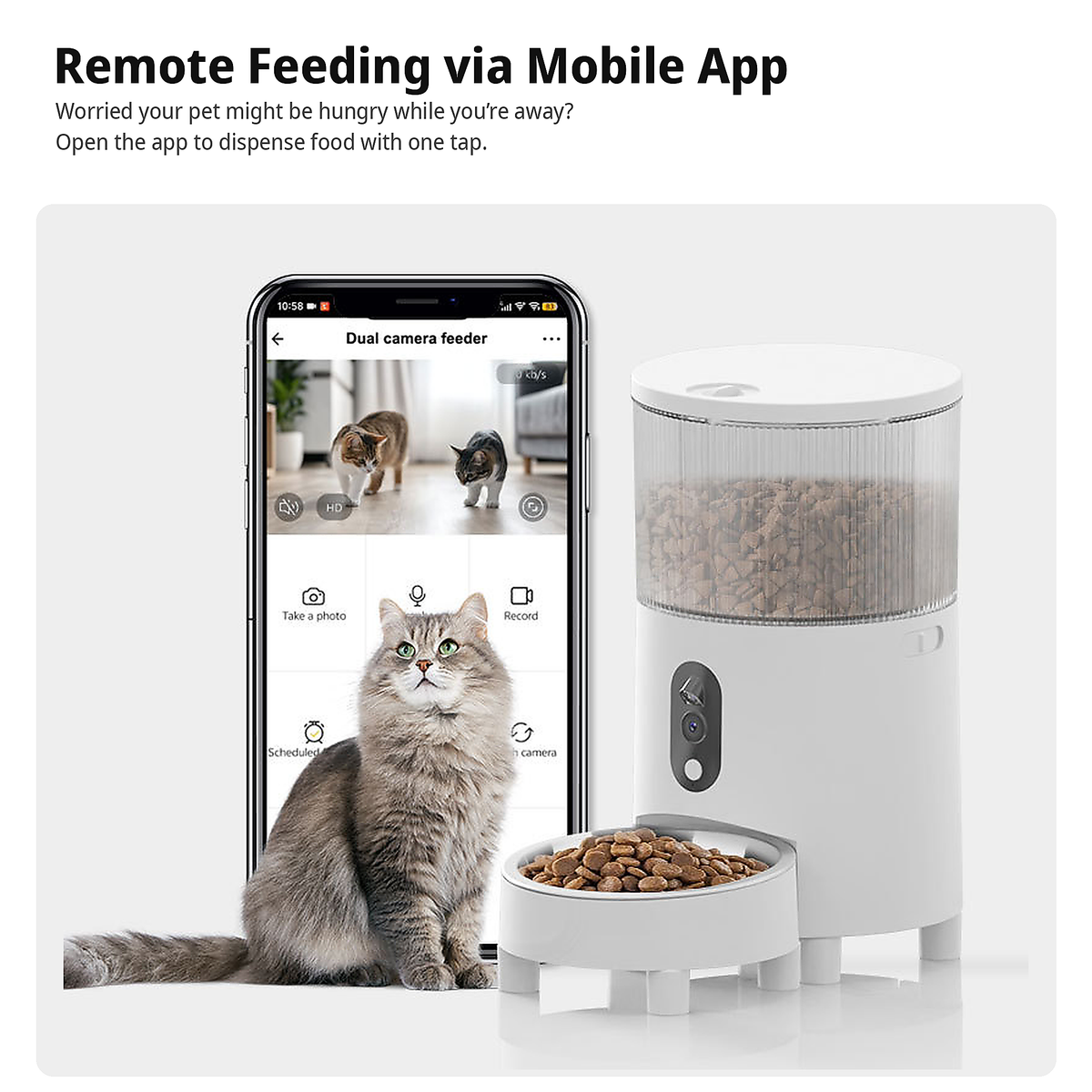 Dual Camera Automatic Pet Feeder with ABS Hopper and App Timed Feeding for Cats