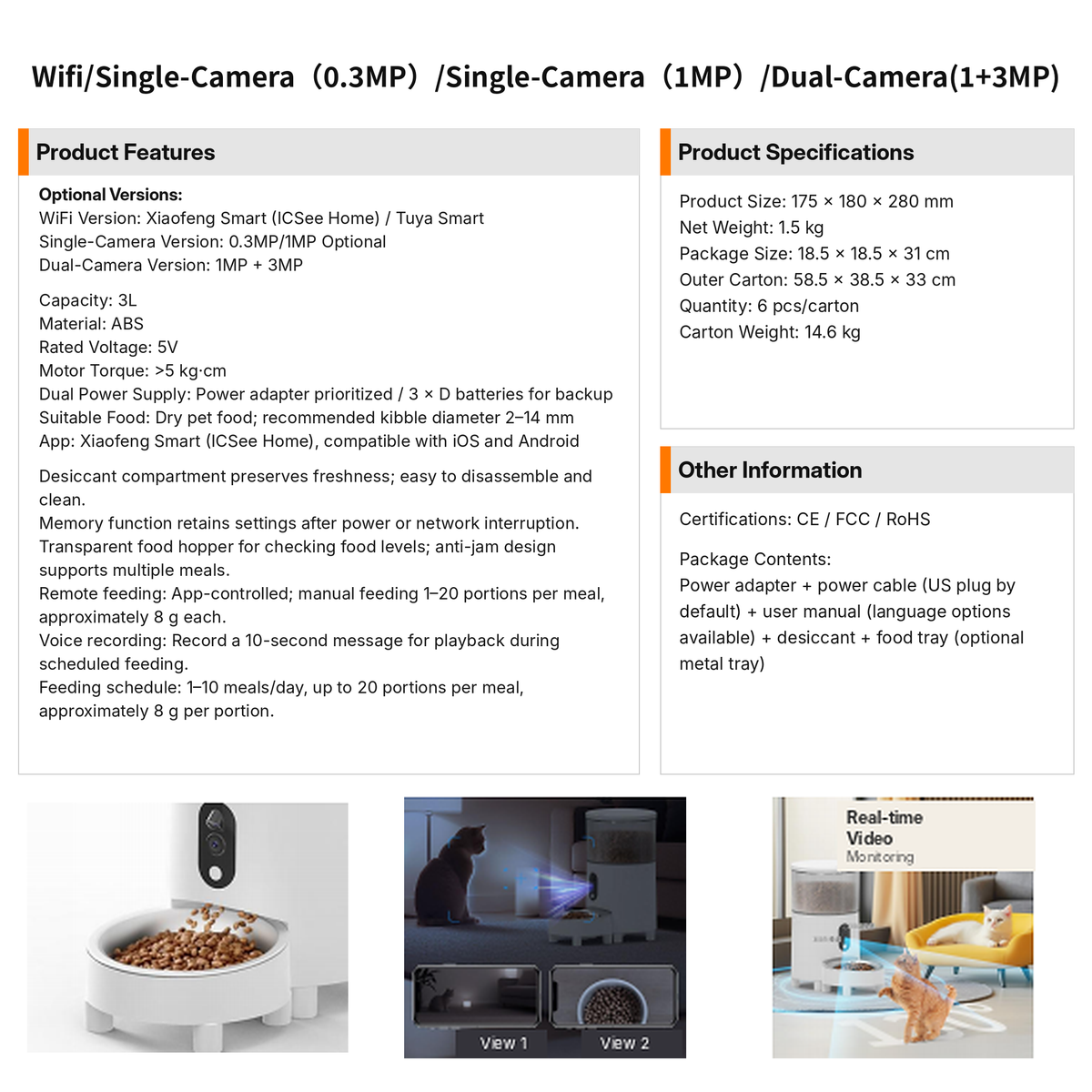 Dual Camera Automatic Pet Feeder with ABS Hopper and App Timed Feeding for Cats