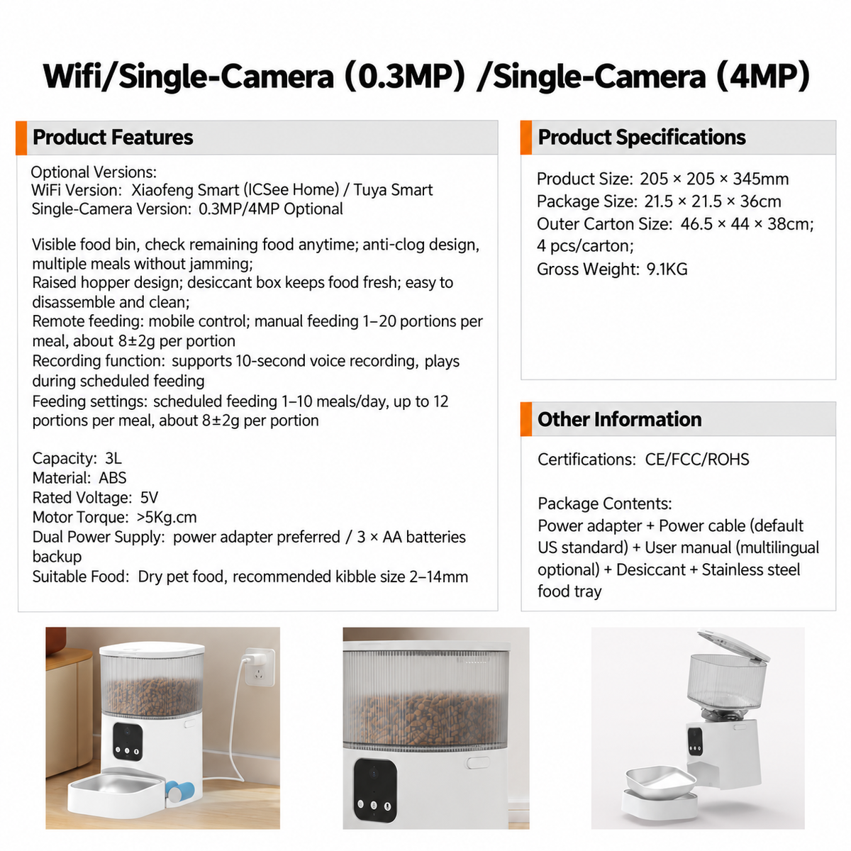 Dual Camera Automatic Pet Feeder with ABS Hopper and App Timed Feeding for Cats