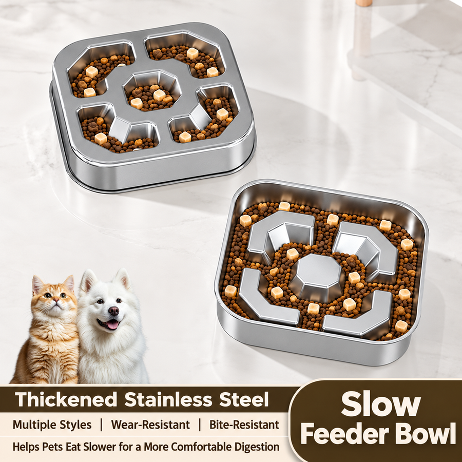 304 Stainless Steel Square Slow Feeder Bowl with Double-Sided Tray and Silicone Ring