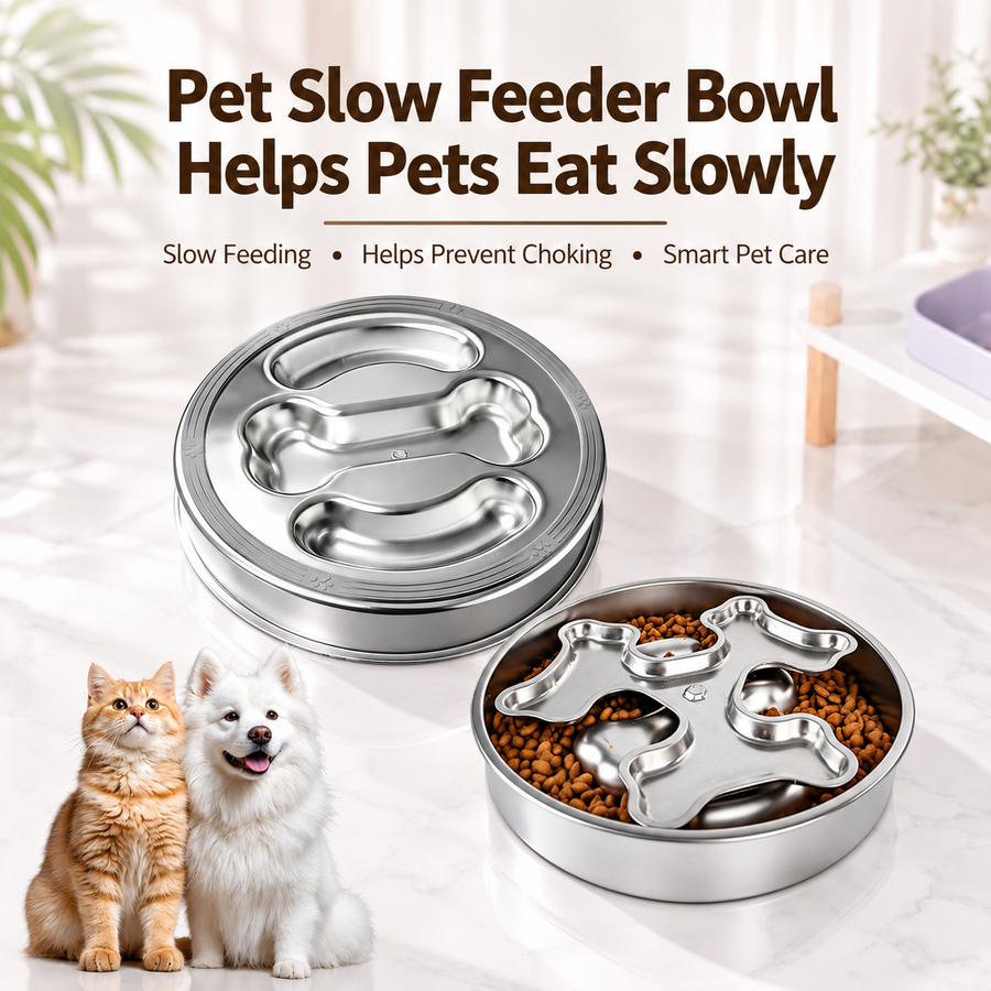 25 cm Stainless Steel Slow Feeder Dog Bowl with Rotating Bone and Heart Insert