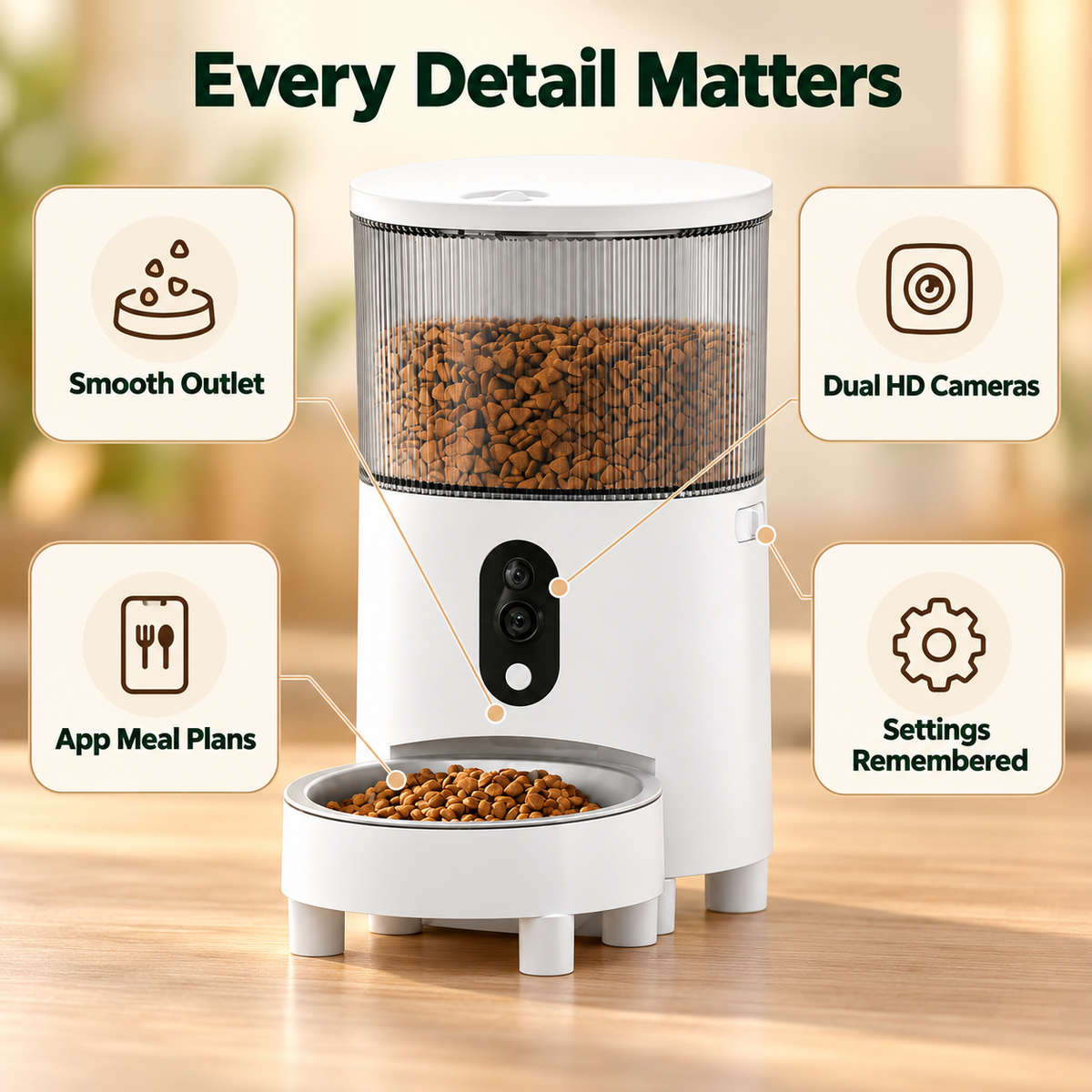 Dual Camera Automatic Pet Feeder with ABS Hopper and App Timed Feeding for Cats
