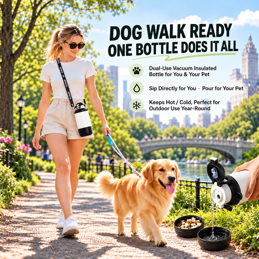 32 oz Insulated Dog Water Bottle with Detachable Water and Food Bowls for Hiking