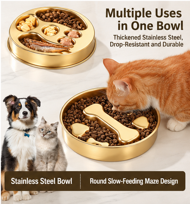 22.1 cm Stainless Steel Slow Feeder Dog Bowl with Gold PVD and Lick Plate