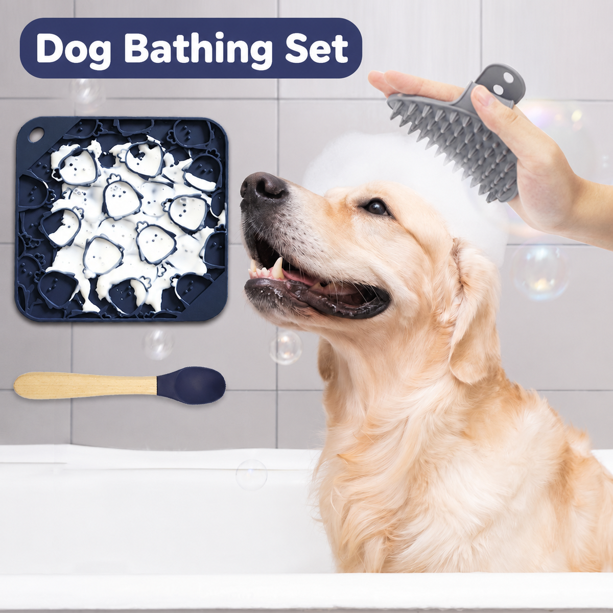 Dog Bath Lick Mat Kit with Suction Cups, Bath Brush and Silicone Spoon