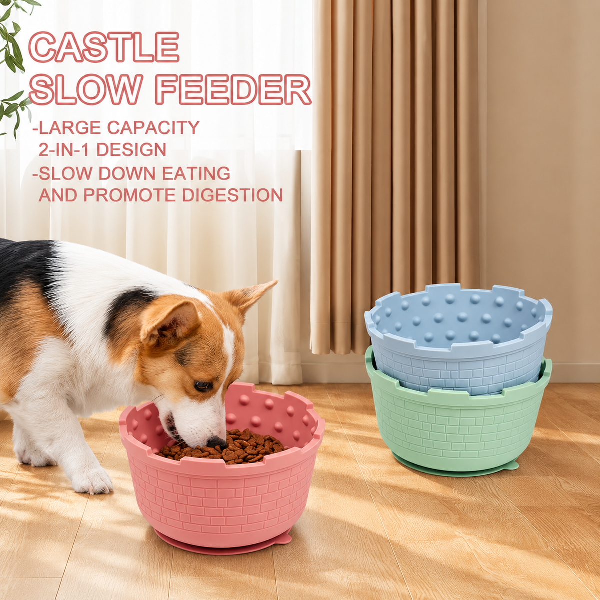 Silicone Castle Slow Feeder Bowl with Suction Base and Lick Surface