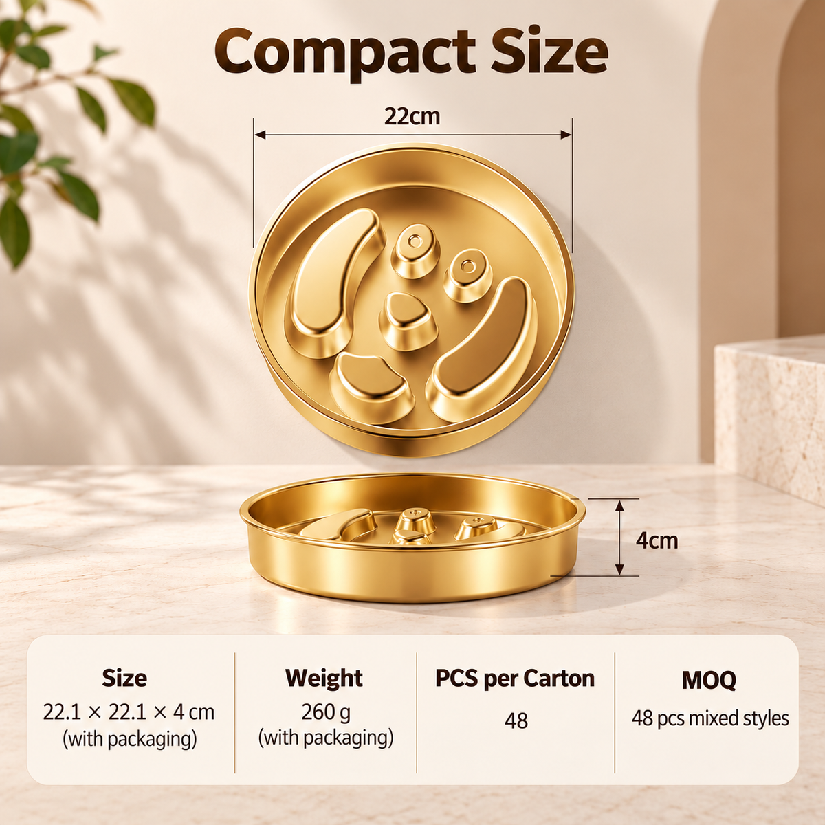 22.1 cm Stainless Steel Slow Feeder Dog Bowl with Gold PVD and Lick Plate