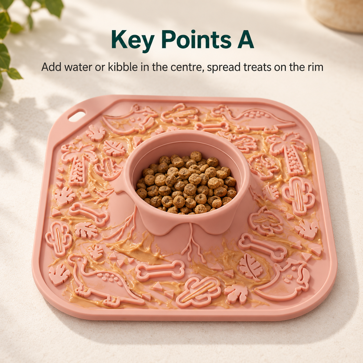 Volcano Dinosaur Silicone Lick Mat with Central Slow-Feed Bowl for Dogs and Cats