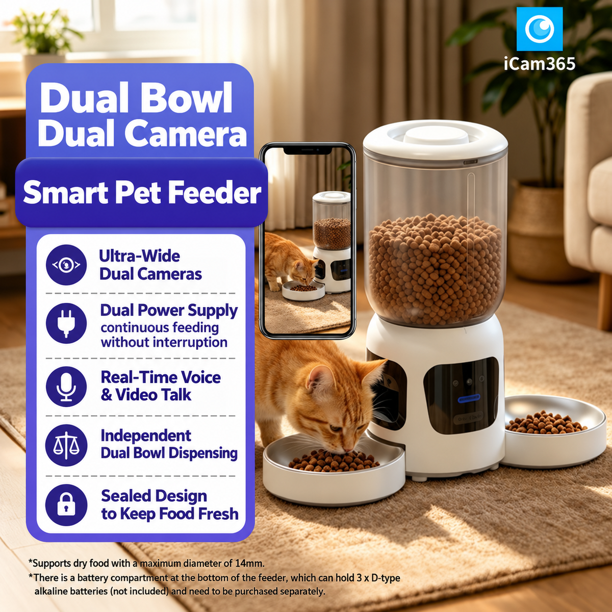 Dual Bowl Smart Pet Feeder with Dual Cameras for Two Cats and Dogs WiFi App Control