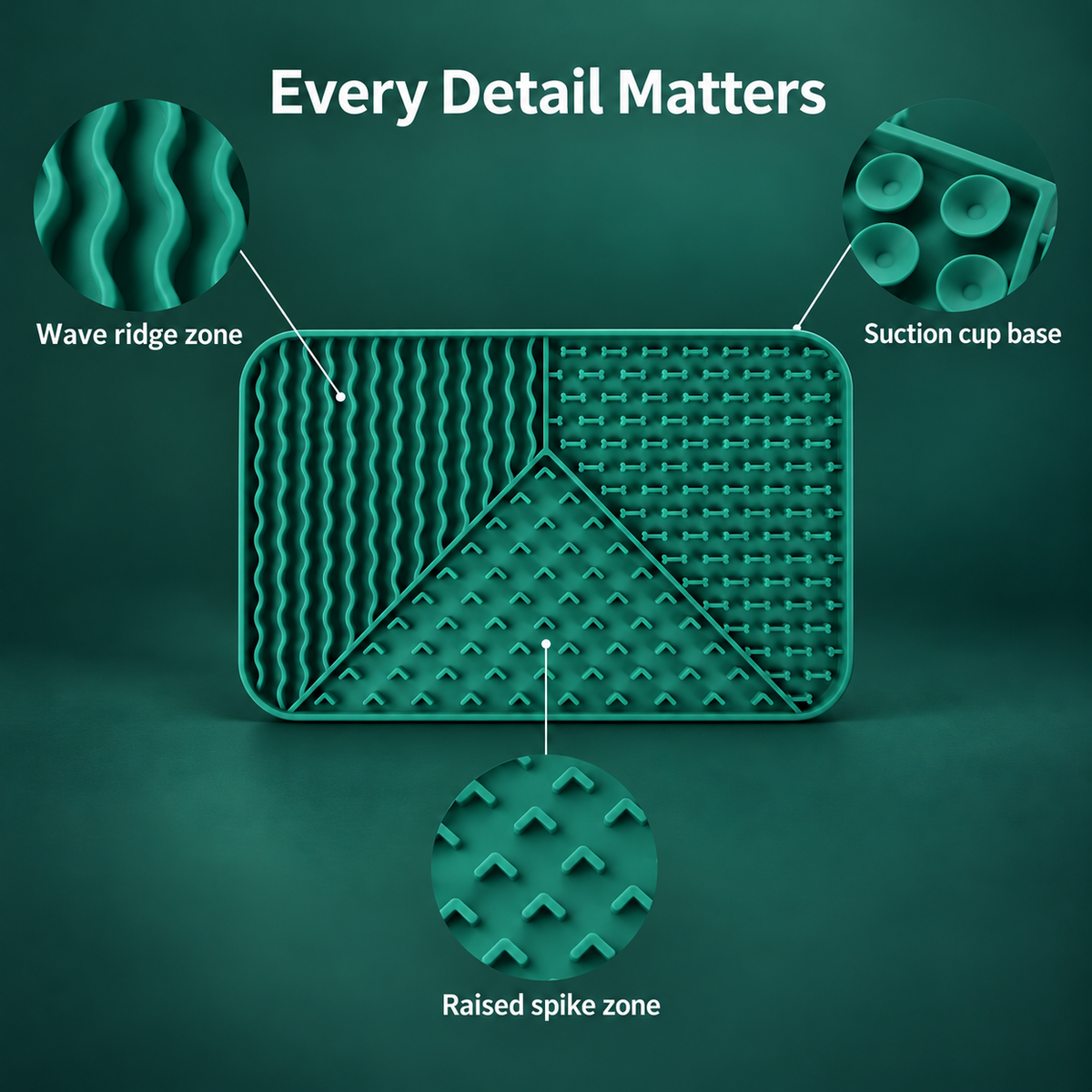 Rectangular 3-Section Textured Silicone Lick Mat with Suction Base for Dogs and Cats