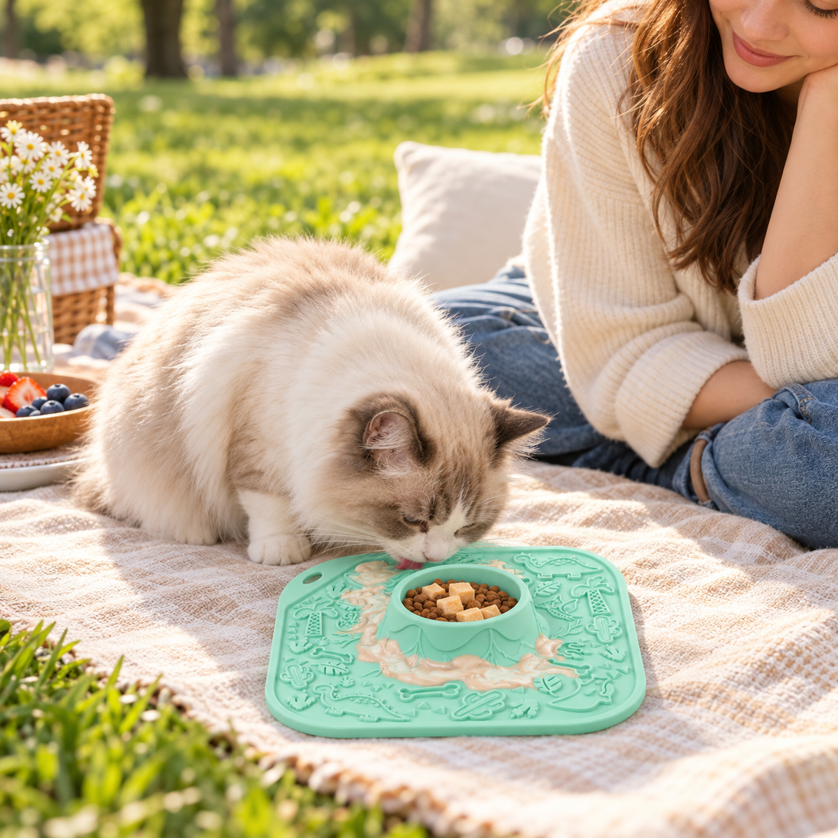 Volcano Dinosaur Silicone Lick Mat with Central Slow-Feed Bowl for Dogs and Cats