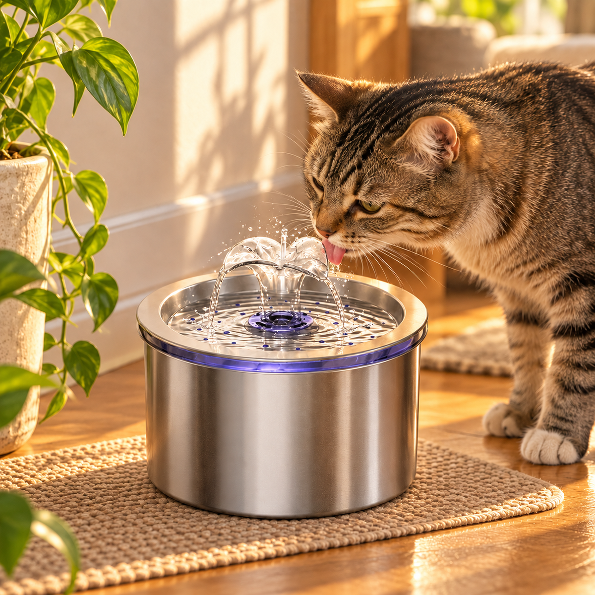 2.2L (74 oz) Stainless Steel Cat Water Fountain with Flower Spray and Dual Power Supply