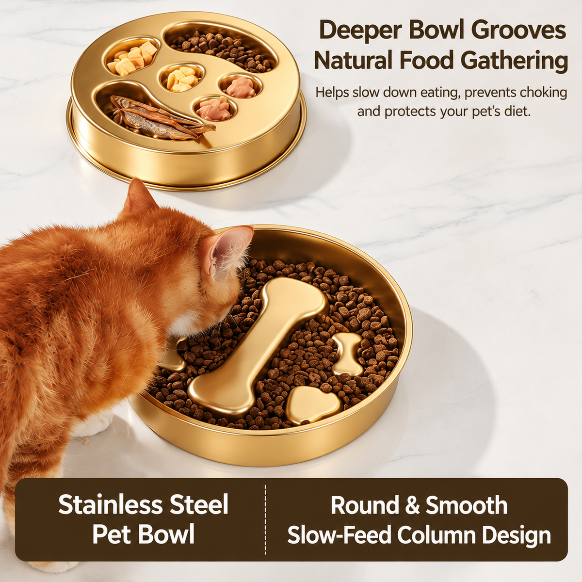 22.1 cm Stainless Steel Slow Feeder Dog Bowl with Gold PVD and Lick Plate