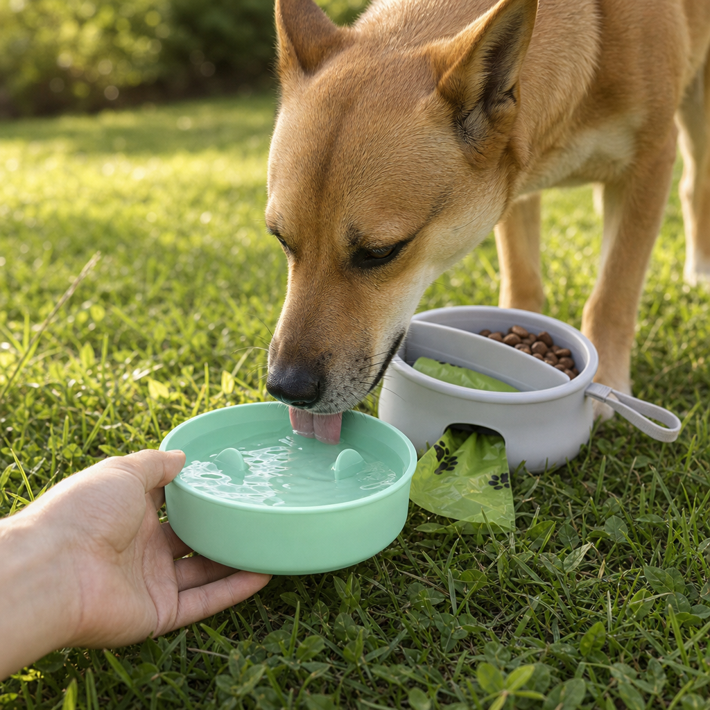 3-in-1 Collapsible Silicone Dog Travel Bowl with Food and Poop Bag Storage