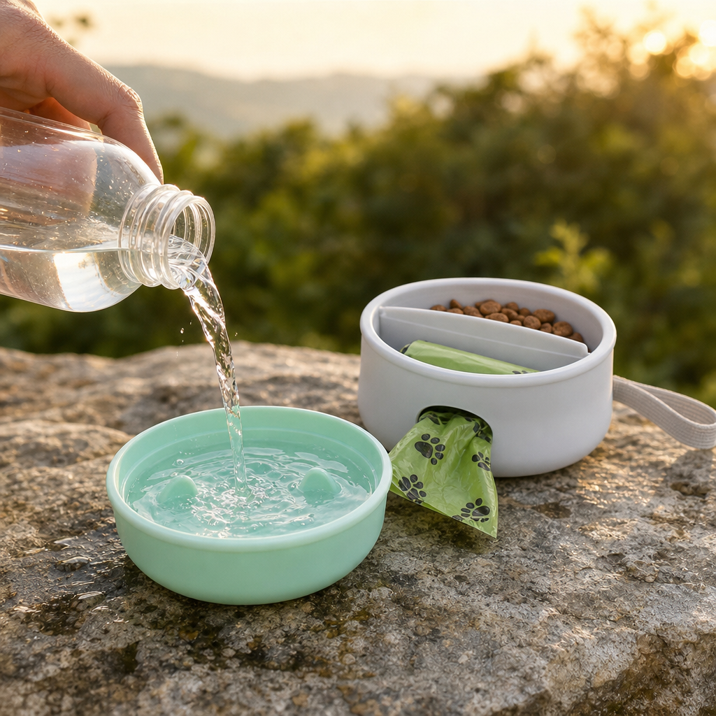 3-in-1 Collapsible Silicone Dog Travel Bowl with Food and Poop Bag Storage