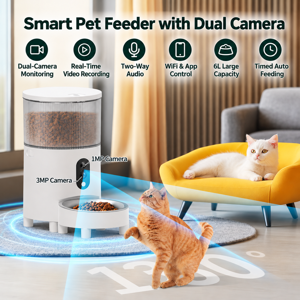 Dual Camera Automatic Pet Feeder with ABS Hopper and App Timed Feeding for Cats