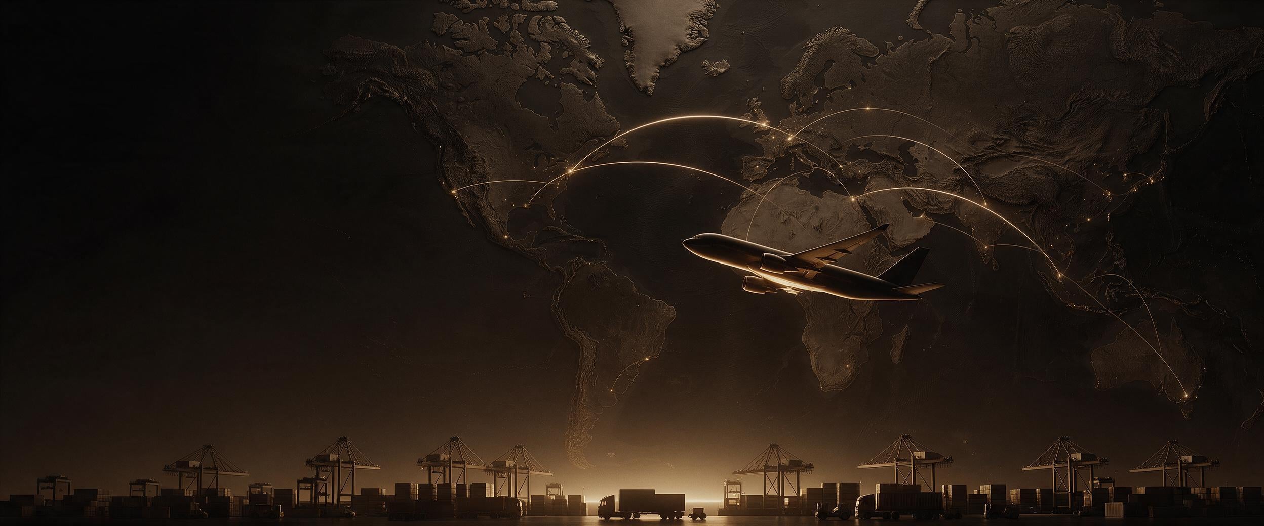 Cargo plane flying over a glowing world trade map
