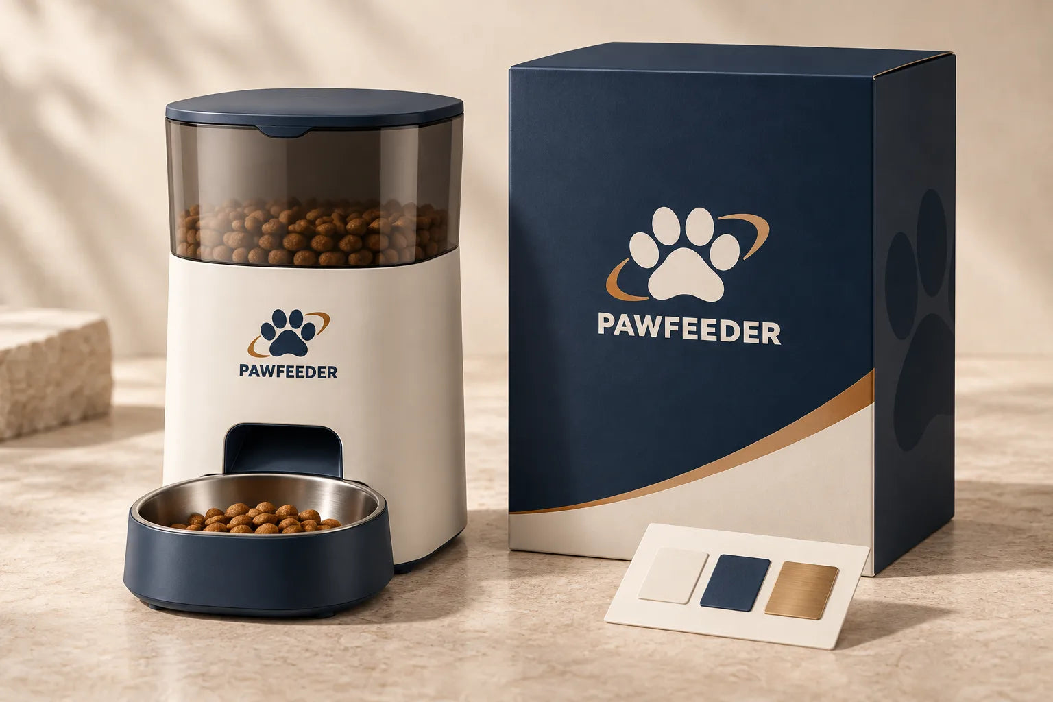 Concept visualization of a PAWFEEDER pet feeder beside branded retail packaging
